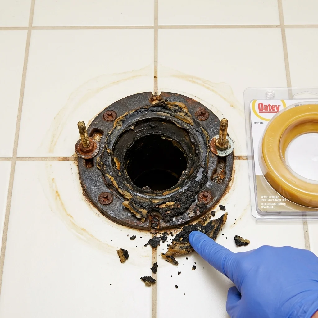 Failed wax ring showing water seepage at the base of a toilet in a Lake Panasoffkee, FL home