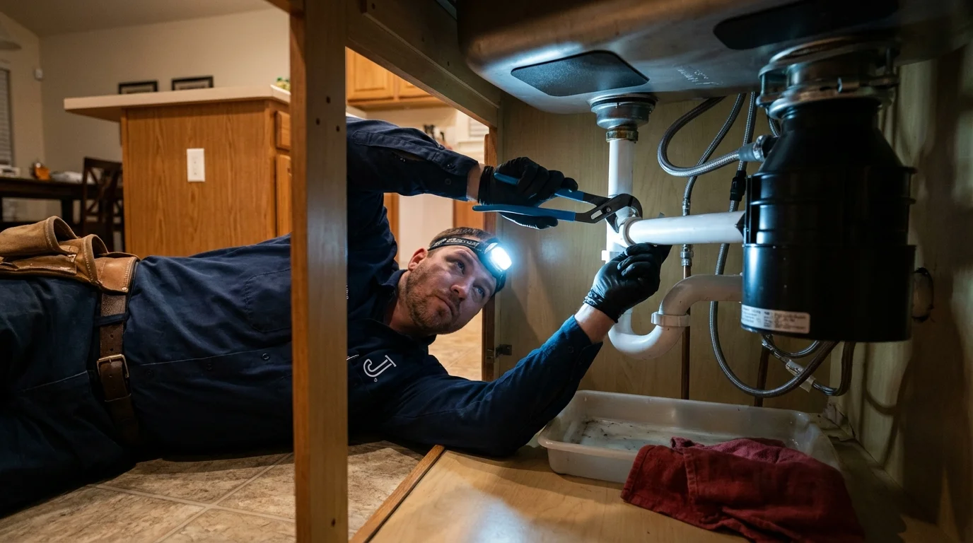 P-trap and supply line connections under a kitchen sink showing a common leak point in Lake Panasoffkee, FL